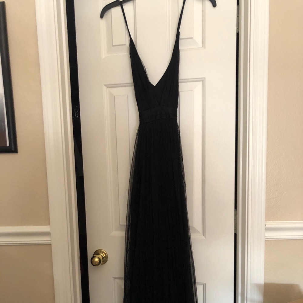 Floor length skinny strap crisscross back dress